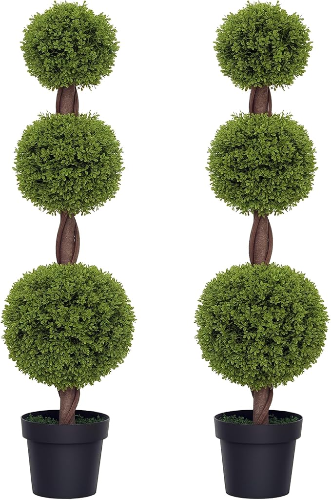 HOMCOM Artificial Plants, Set of 2 Decorative Topiary Ball-Shaped Boxwood Trees in Pots, Fake Plants for Home Indoor Outdoor Decor, 45.3 Inch, Green
