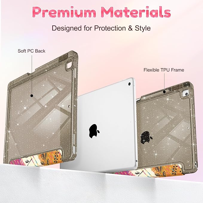 Mektron Sparkly Case for iPad 10.2 inch Glitter Tablet Cases for iPad 9th Gen 2021/8th Gen 2020/7th Gen 2019 Cover with Shiny Clear Back Shell Foldable Bling Smart Cover Blue Floral