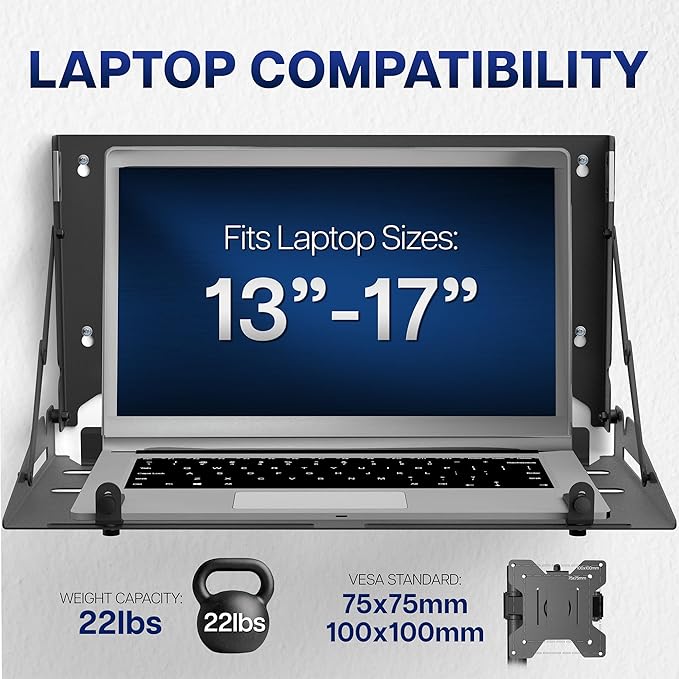 VIVO Flip Down 13 to 17 inch Laptop Tray Holder for Wall-Mounted Floating Workstation or VESA Stand Accessory, Holds 22 lbs, Black, Mount-FDLAP1