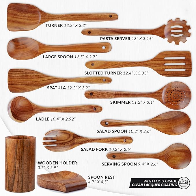 Zulay Kitchen 12-Piece Teak Wooden Utensils for Cooking - Natural Teak Utensil Set with Premium Gift Box - Non-Stick Wooden Spoons for Cooking - Kitchen Gift Set - Comfortable Grip Wooden Utensil Set
