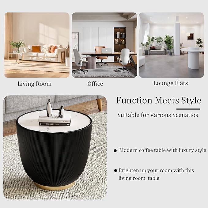 Round Coffee Table Set with Sintered Stone Tabletop, 27.56" White Drum Center Table and 19.69" Black Coffee Table Set, 2 Pieces Living Room Table Set with Fluted PU Leather Cover& Metal Base