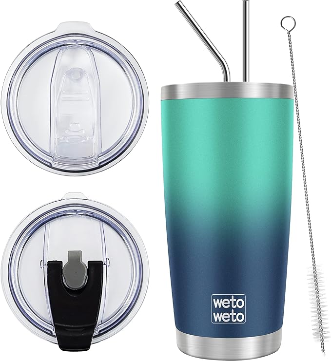 WETOWETO 20oz Insulated Stainless Steel Tumbler, Coffee Tumbler with 2 lids and 2 straws, Double Wall Vacuum Travel Coffee Mug, Powder Coated Leak-Proof Tumbler Cup (Green-Blue Gradient,1 Pack)