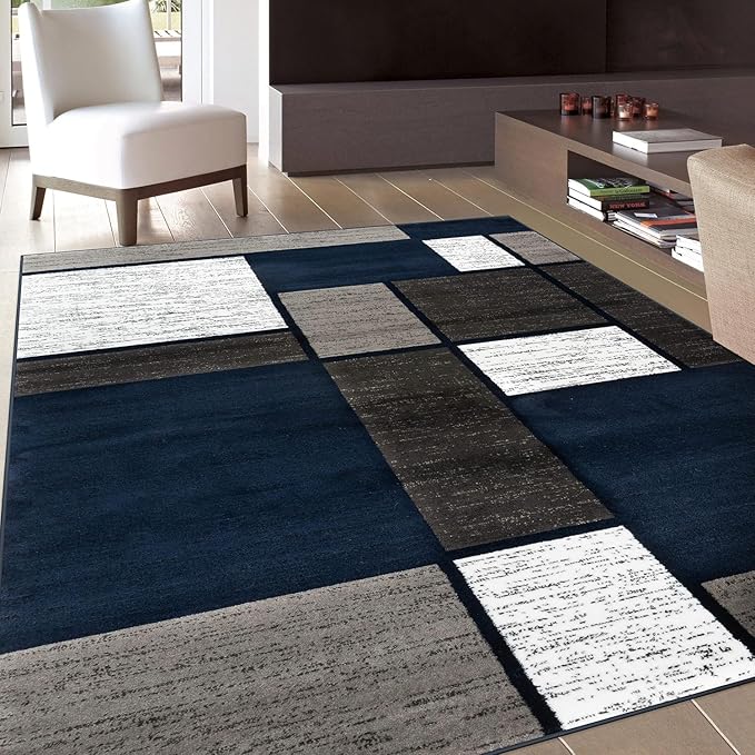 Rugshop Modern Geometric Boxes Navy Area Rug, Non-Shedding Carpet for Living Room, Bedroom, or Dining Room, 5'3" x 7'3"