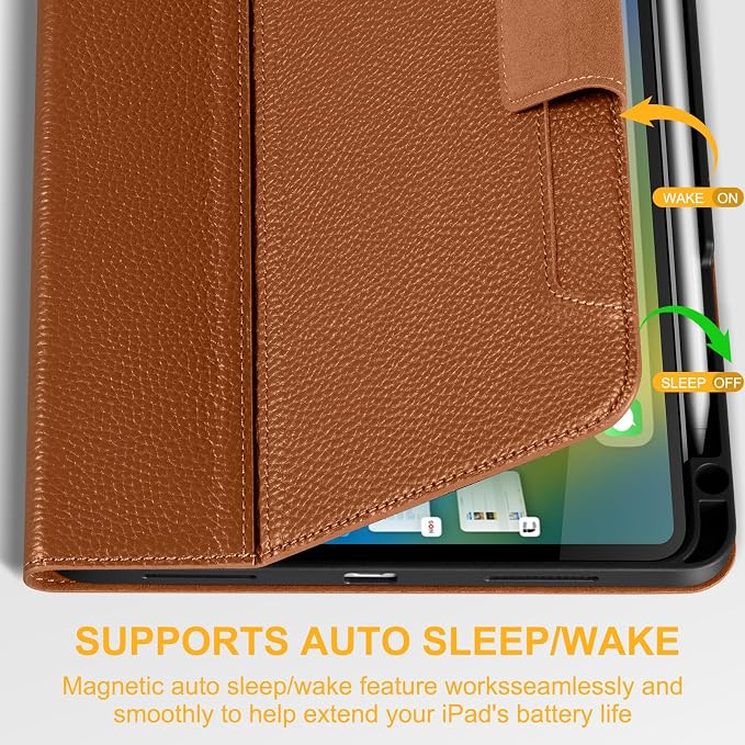 Case for iPad Air 11 M4/M3/M2 5th/4th Gen 10.9 Black | Genuine Leather Pencil Holder Magnetic Closure Smart Cover Auto Wake/Sleep Adjustable Stand