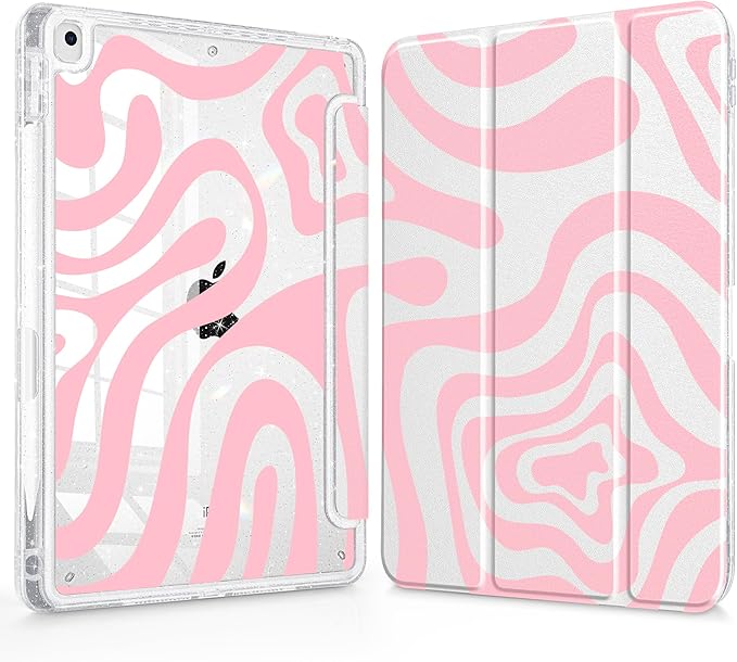 Case for iPad 9th/ 8th/ 7th Generation 10.2-Inch Case(2021/2020/2019 Release) Glitter Tablet Cases with Transparent Acrylic Back+Trifold Stand+Pencil Holder+Auto Wake/Sleep Bows-Stripe