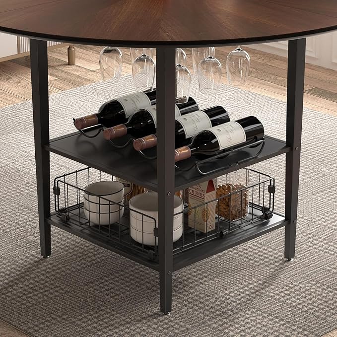 VFK 47" Round Kitchen Table Set with Storage Base & Metal Legs, 5-Piece Wooden Dining Set for 4 to 6 People, Includes 4 Upholstered Chairs for Dining Room, Living Room or Kitchen