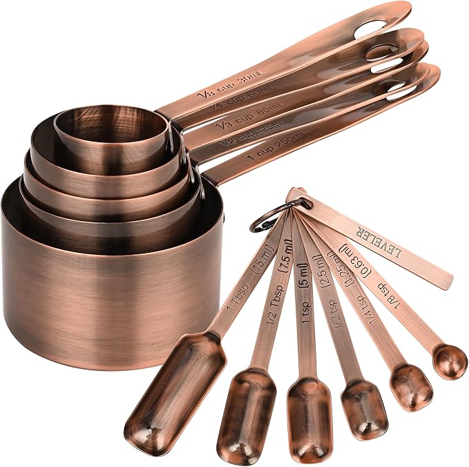 Nstezrne Copper Measuring Cups and Spoons Set, Stainless Steel Measuring Cups and Spoons Set 12, Metal Measuring Cups Set, 5 Measuring Cup Set and 6 Copper Measuring Spoons &Leveler for Kitchen