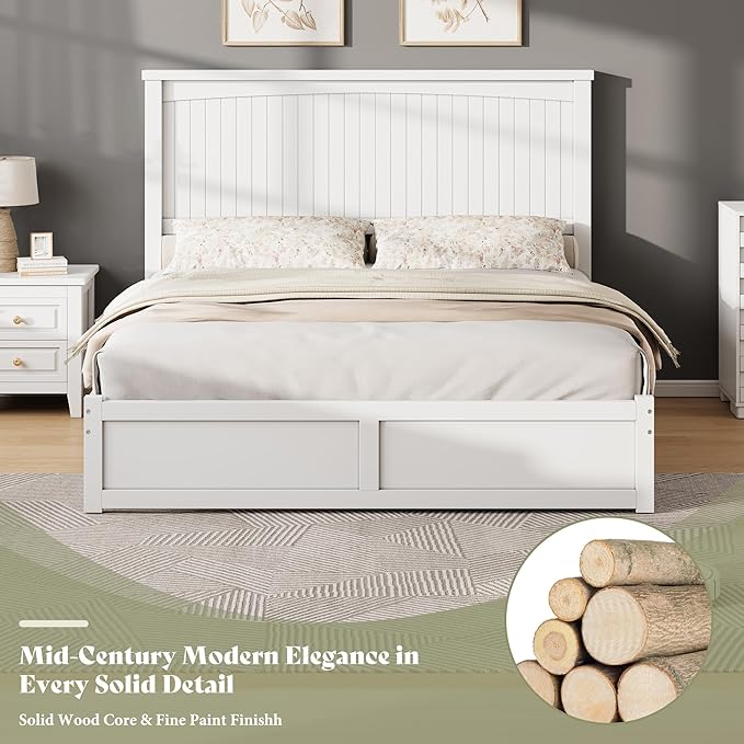 AMERLIFE Queen Size Solid Wood Bed Frame with 50" Tall Headboard, Mid-Century Modern Bed with Storage, Wooden Platform Bed with 2 Drawers, No Box Spring Needed, White