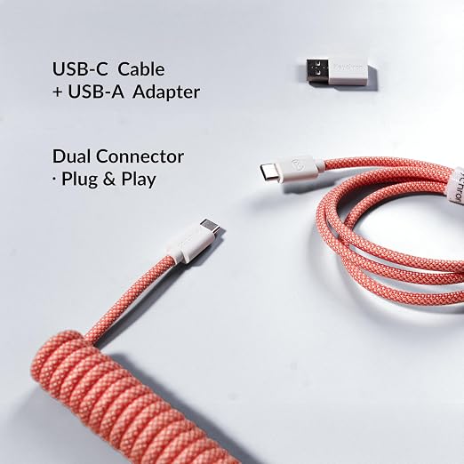 Keychron Custom Coiled Aviator USB-C Cable Black 5-Pin (GX12) Detachable Metal Connector USB-A Adapter Durable Braided Cable for Mechanical Keyboards Charging &amp Data Transfer