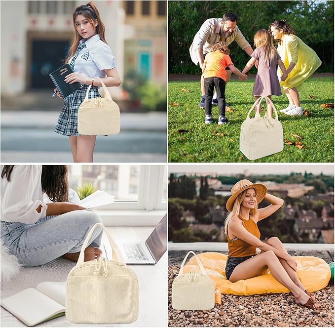 LEDAOU Lunch Box for Women Insulated Lunch Bag Corduroy Lunch Tote Bags Leakproof Cooler Lunch Case for Travel Work Picnic (Corduroy Solid Beige)