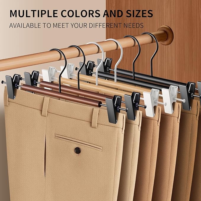 Wooden Pants Hangers with Clips 10 Pack Adjustable Wood Skirt Hangers for Women&Men Space Saving Closet Non Slip Clothes Hanger for Jeans,Trousers,Short,12Inch Black
