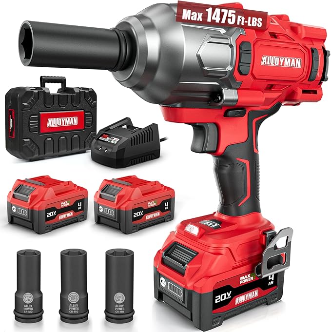 Alloyman Cordless Impact Wrench, 1475Ft-lbs (2000N.m) 1/2 High Torque Brushless Impact Gun, 20V Power Impact Driver, 2*4000mAh Battery,3 Sockets, Brushless Motor Variable Speeds for Car/Truck RV/Mower