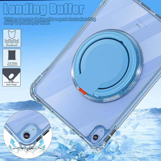 MEEgoodo Case for iPad A16 11th Generation 11 inch 2025 Cover for iPad 10th Generation 2022 Glitter Tablet Cases with Soft TPU &amp Transparent PC &amp Rotating Stand for Kids Light Blue