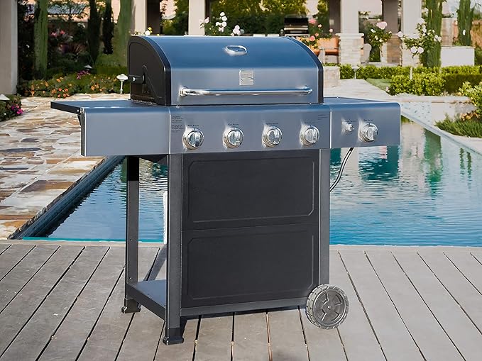 Kenmore 4-Burner Gas Grill with Side Burner, Outdoor BBQ Grill, Propane Gas Grill, Cast Iron Cooking Grates, Electronic Ignition, Warming Rack, Open Cart Design, 53000 BTUs, Stainless Steel and Black