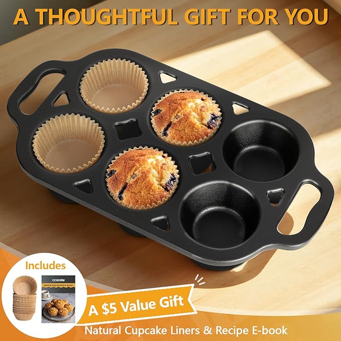 COSORM 6 Cup Cast Iron Muffin Pan - Pre-Seasoned Nonstick Muffin Tin, Regular Size Cupcake Baking Pan