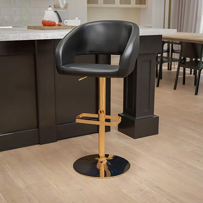 Flash Furniture Erik Contemporary Adjustable Height Barstool with Footrest and Rounded Mid-Back, Upholstered Bar or Counter Height Stool, Black/Gold