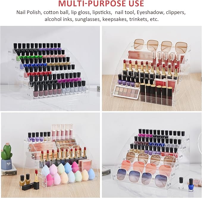 KINGROW Nail Polish Organizer Holder Rack 6 Layers Acrylic Display Rack Eyeglasses Shelf Essential Oils Ink Storage Holds Up to 96 (Fit 1-2oz Bottles)