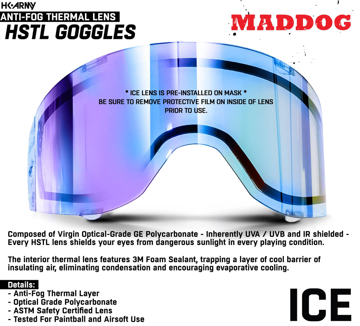 Maddog HK Army HSTL Paintball Airsoft Mask Goggle System | Replaceable Thermal Dual-Pane Anti Fog Lens | Adjustable Full-Face Safety Certified Protection - Black with Ice Lens