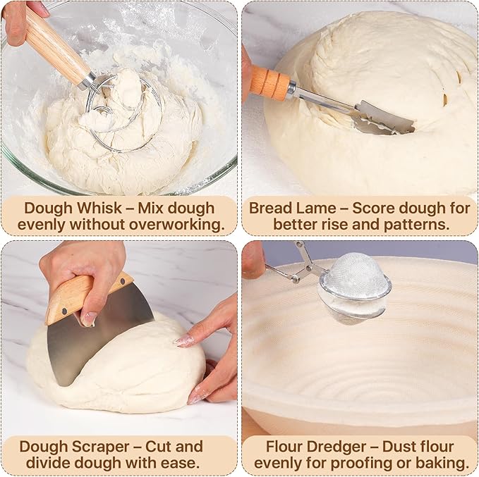 Sourdough Starter Kit with Sourdough Starter Jar, 9"Round and 10"Oval Rattan Banneton Bread Proofing Basket Set, Sourdough Baking Tools, Bread Making Supplies Gift for Bakers