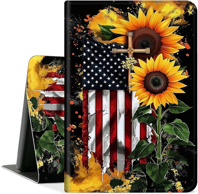 DEGDFSGR for Amazon Fire HD 10 Tablet 10 Plus Tablet Case (13th/11th Generation 2023/2021 Release) with Adjustable StandAuto Sleep/Wake for Kindle Fire 10 Case 10.1 inchAmerican Flag Sunflower Cross