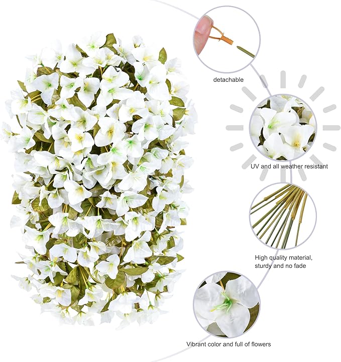 Bougainvillea Artificial Flowers Fake Plants for Outdoors Winter Decoration, 2 pcs Faux Long Trailing Vines UV Resistant Look Real White Silk Flowers for Outside Planter Front Door Porch Urn Yard Home