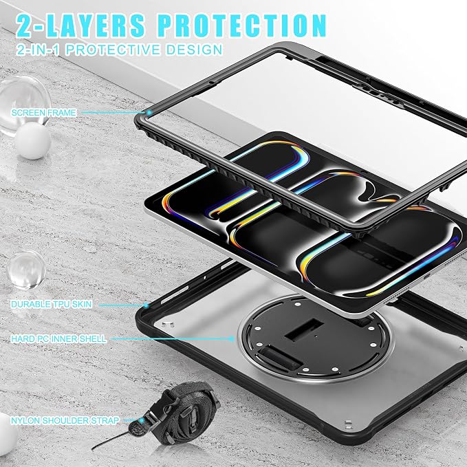 ZenRich Clear Case for iPad Pro 11-inch M5 2025 / M4 2024 LightBlue | Screen Protector Pencil Holder 360°Rotating Kickstand Carrying Strap Shockproof Protective Rugged