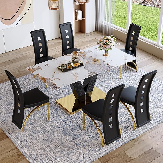 71'' Dining Table Set for 6,Modern Dining Room Table Set for 6,Marble Dining Table with 6 PU Leather Dining Chairs,Gold Dining Room Table with Glossy V-Shaped Base Ideal for Kitchen