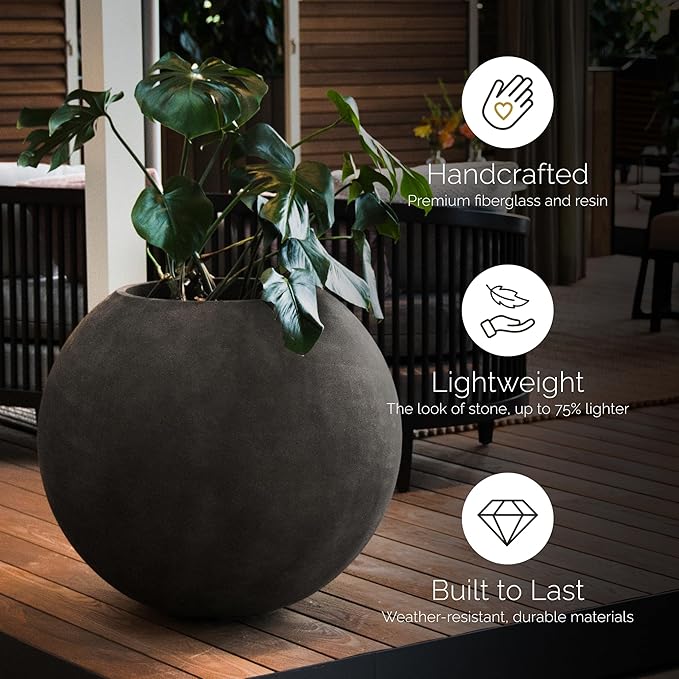 Orbo Large Planter – Fiberglass Indoor/Outdoor and Weather-Resistant Globe Planter (Concrete Stone, 35.4" D x 31.3" H)