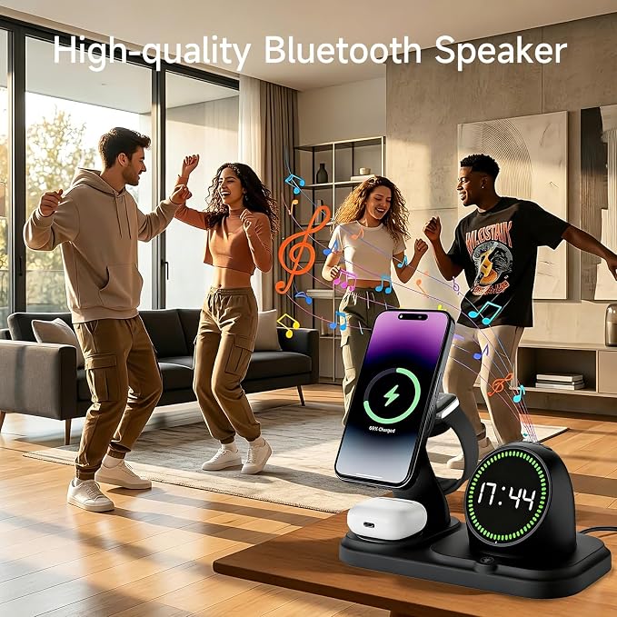 6-in-1 Wireless Charging Station with 30W Fast Adapter RGB Ambient Light Digital Clock &amp Bluetooth Speaker Multi-Function Desktop Charger for Wireless Charging Phones Earbuds &amp Watch