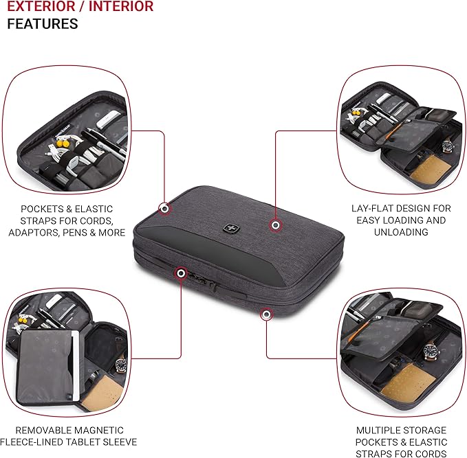 SWISSGEAR Portfolio Cord Organizer Case with Bonus Tablet Sleeve (10” x 7”) | Travel Tech Wire Case | Water Resistant | Zipper Closure – Grey Heather