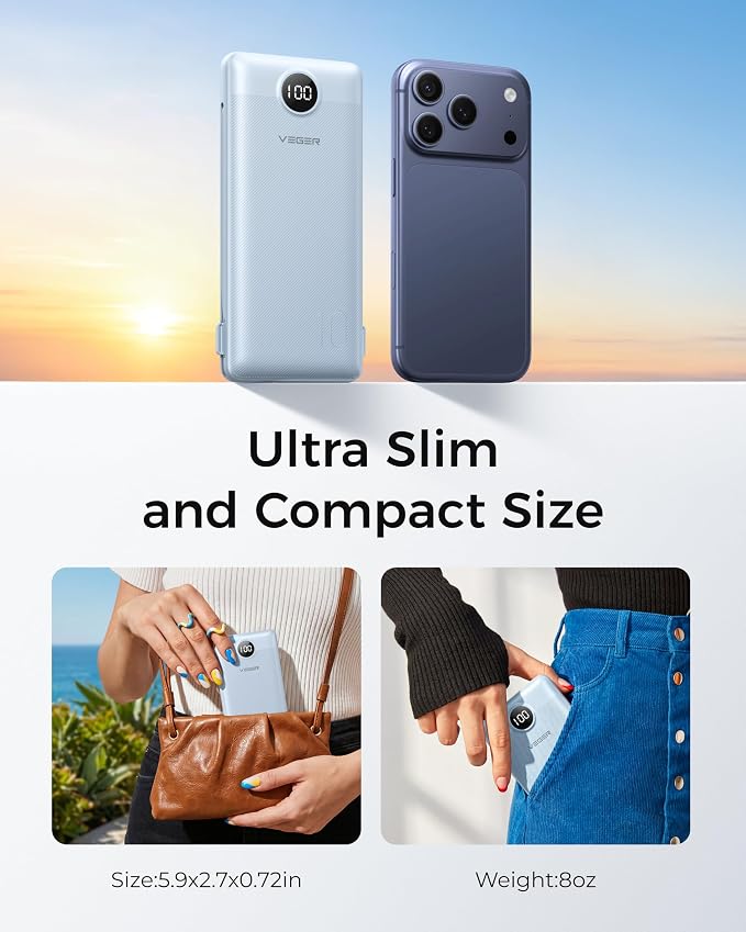 VEGER Portable Charger for iPhone Power Bank Built in Cable and Wall Plug | 10000mAhUltra Slim&ampCompact5 OutputsLED DisplayFlight-SafeTravel Essentials Battery Pack for iPhone 17iPad Samsun
