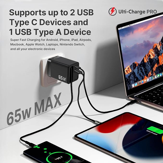 Ulti Charge Pro 65W USB C Charger with 25 Inch Retractable USB C Cable | Dual C/A Ports Foldable Plug Travel Adapter for iPhone Galaxy Pixel iPad Laptop Retractable USBC Phone Charger Fast