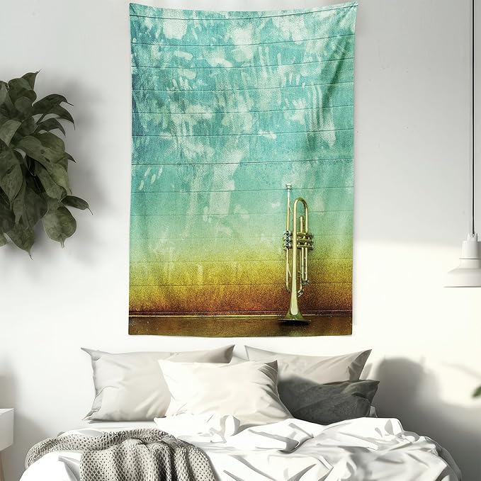 Ambesonne Music Tapestry, Old Aged Worn Single Trumpet Stands Alone Against a Faded Wall Jazz Theme Photo, Fabric Wall Hanging Decor for Bedroom Living Room Dorm, 23" X 28", Teal Brown