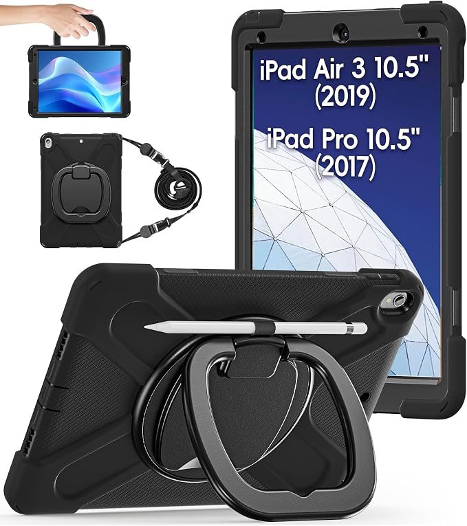 BATYUE Shockproof Case for iPad Air 3rd Gen 2019 &amp iPad Pro 10.5 2017 | with 360° Rotating Stand &amp Pencil Holder &amp Shoulder Strapfor Daily Use &amp Office/School/Outdoor - Navy Blue