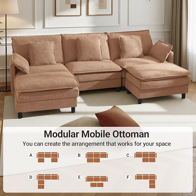 Claiks 110" Modular Sectional Sofa, Cloud Couch with Ottoman, U-Shaped 5-Seater Sofa in Chenille Fabric, Deep Seat Comfy Couch with Pillows for Living Room & Offices, Khaki