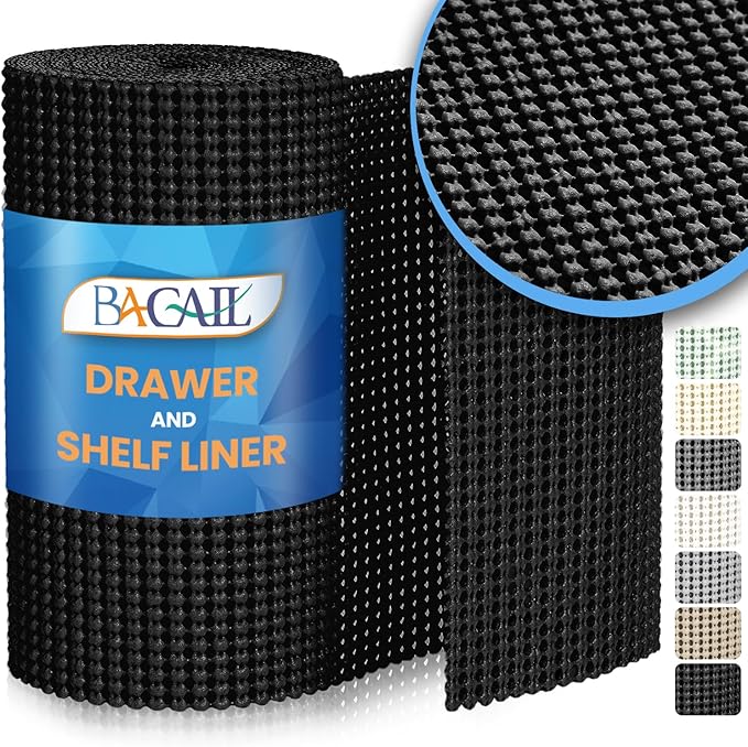 BAGAIL Drawer and Shelf Liner, 12 in X 30 Ft Non-Adhesive Shelf Liners for Kitchen Cabinets, Thick Strong Grip Liners for Desk, Shelves, Bathroom Drawers, Cabinet Protection - Black