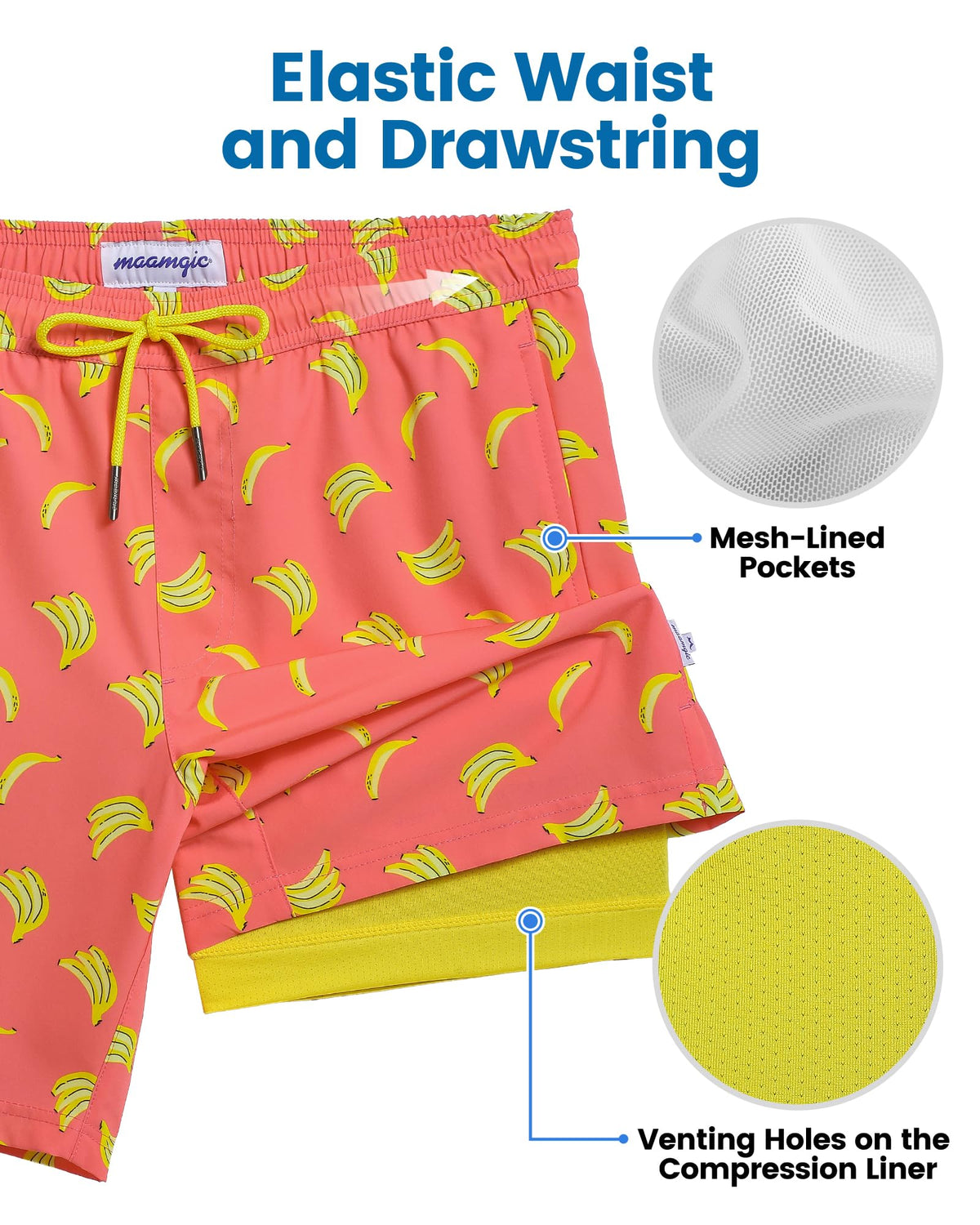 maamgic Mens Swim Trunks with Compression Liner 7 Inch Inseam Mens Bathing Suit Quick Dry Swimming Trunks Swimsuit Banana Orange X-Large