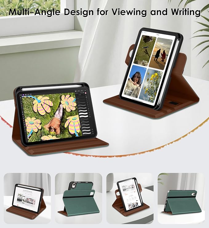 DTTO for iPad mini 7 A17 Pro 2024 aslo fit iPad mini 6 2021 Brown | 360 Degree Rotating Premium Faux Leather Folio Stand Cover with Pencil Holder Auto Sleep/Wake Multiple Angles Hand Strap