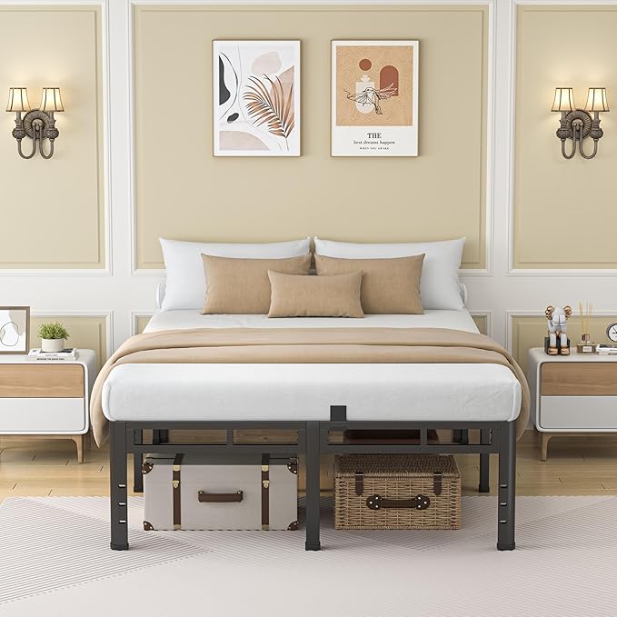 NKZ 18 Inch Full Size Bed Frame, Metal Bed Frame & Box Spring 2 in 1 Platform with Round Corner Legs, 4000Lbs Heavy Duty Metal Frame, Mattress Slide Stopper, Headboard Hole, Noise-Free, Easy Assembly