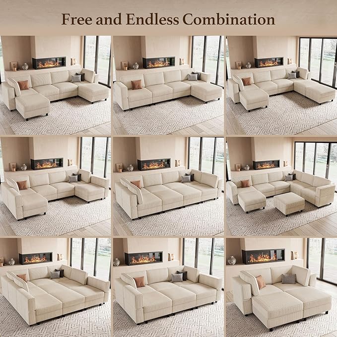 114.2" 5 Seater Modular Sofa with Deep Storage Seat,Corduroy Convertible L Shaped Sectional Couch,Modular Couch with Movable Ottoman Chaise,Upholstered Sectional Couches for Living Room,Beige