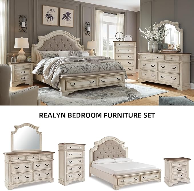 Signature Design by Ashley Realyn French Country 5 Drawer Chest, Tipover Restraint Device, 2-tone Finish, Wood, 40.13" W x 18.13" D x 58.13" H, Chipped White