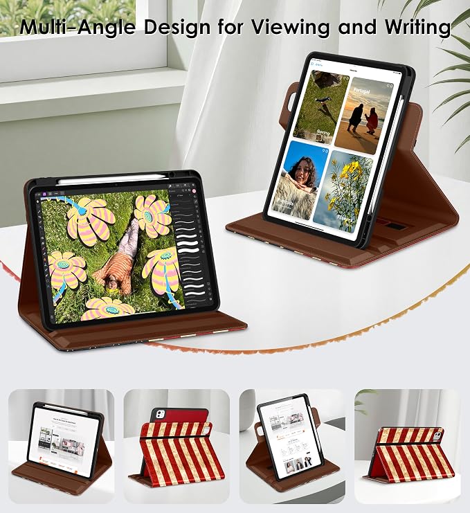 DTTO for iPad Pro 13 Inch Case M5 / M4 (2025/2024) Brown | 360 Degree Rotating Premium Faux Leather Folio Stand Cover with Pencil Holder Auto Sleep/Wake Multiple Angles