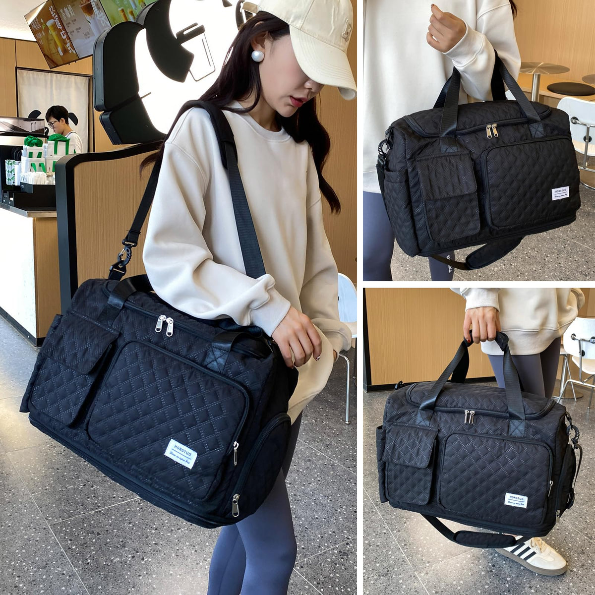 Black Weekender Travel Bag for Women with Shoe Compartment, Waterproof Extendable Travel Duffle Bag, Overnight Gym Tote Bag, Carry On Bag with Toiletry Bag