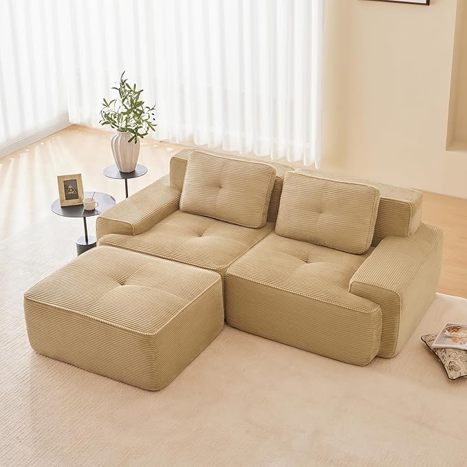 80" Modern Compressed Boneless Love Seat Couches with 1 Ottoman, 2 Seater Large Sectional Couches for Living Room, Camel Corduroy Cloud Modular Sectional Sofa, Memory Foam, Deep Loveseat, No Assembly