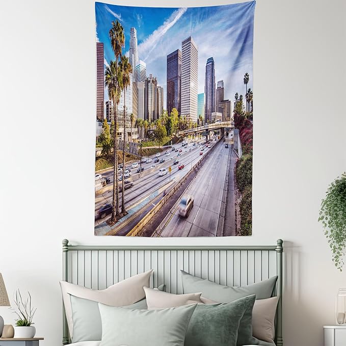 Ambesonne Travel Tapestry, Downtown Cityscape of Los Angeles California USA Avenue Buildings Palms Print, Wall Hanging for Bedroom Living Room Dorm Decor, 60" X 80", Blue Grey Green