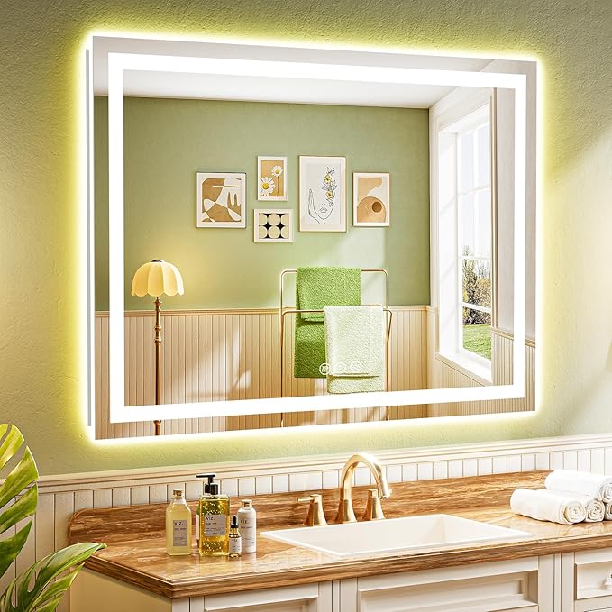 YEELAIT 55x40 Inch LED Bathroom Mirror with Lights Front and Backlit Lighted Vanity Mirror for Bathroom Wall with 3 Colors Dimmable Anti-Fog Memory Shatter-Proof IP54 Waterproof Horizontal/Vertical