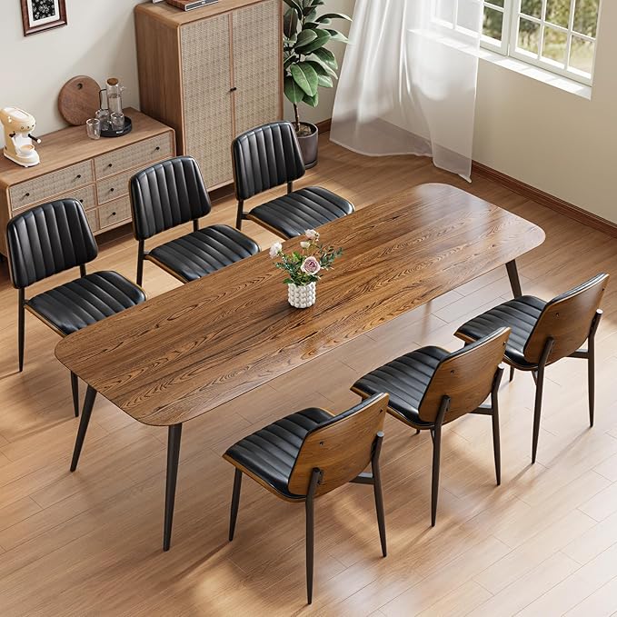 Dining Chairs Set of 8, FSC Certified Mid Century Modern Dining Room Kitchen Chairs, Upholstered PU Leather Vertical Stripe Chairs for Vanity with Walnut Bentwood and Metal Legs, Black
