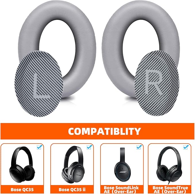 Premium Replacement Ear Pads for Bose QC35 & QC35ii Headphones Made by GEVO- Comfortable Adaptive Memory Foam and Extra Durable - Fits QuietComfort 35 & 35ii / SoundLink 1&2 AE（Over-Ear） (Silver)