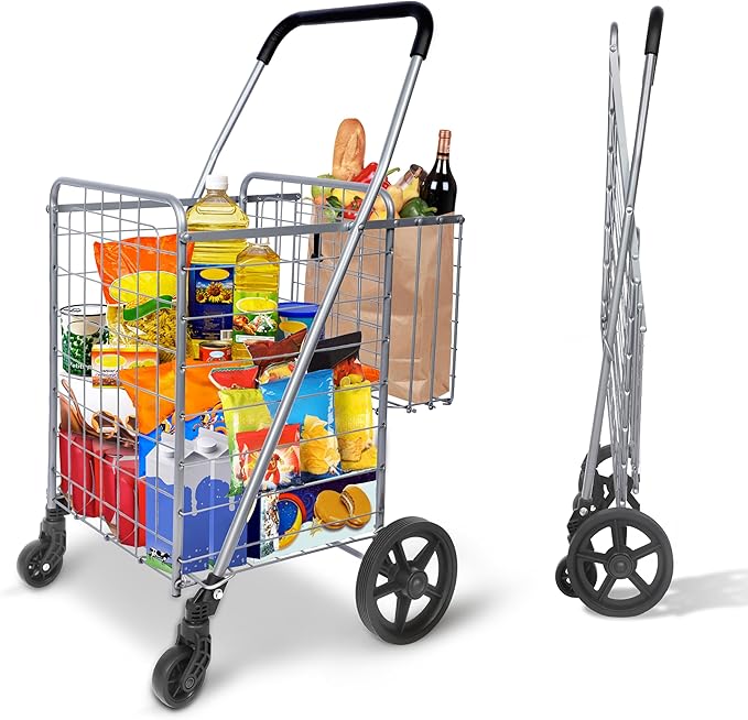 Whitmor Utility Folding Shopping Cart, 115L Heavy Duty Grocery Cart with Double Basket, 360° Swivel Wheels, Foldable Rolling Utility Trolley, 110 Lbs Capacity for Grocery, Laundry, Travel, Sliver