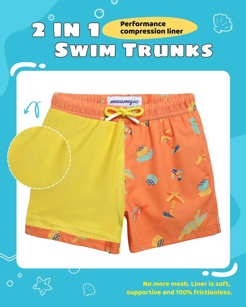 maamgic Boys Swim Trunks with Compression Liner Toddler Stretch Swim Shorts Quick Dry Swimming Trunks Boxer Brief 2 in 1 Beach Shorts Orange Blocks 4T